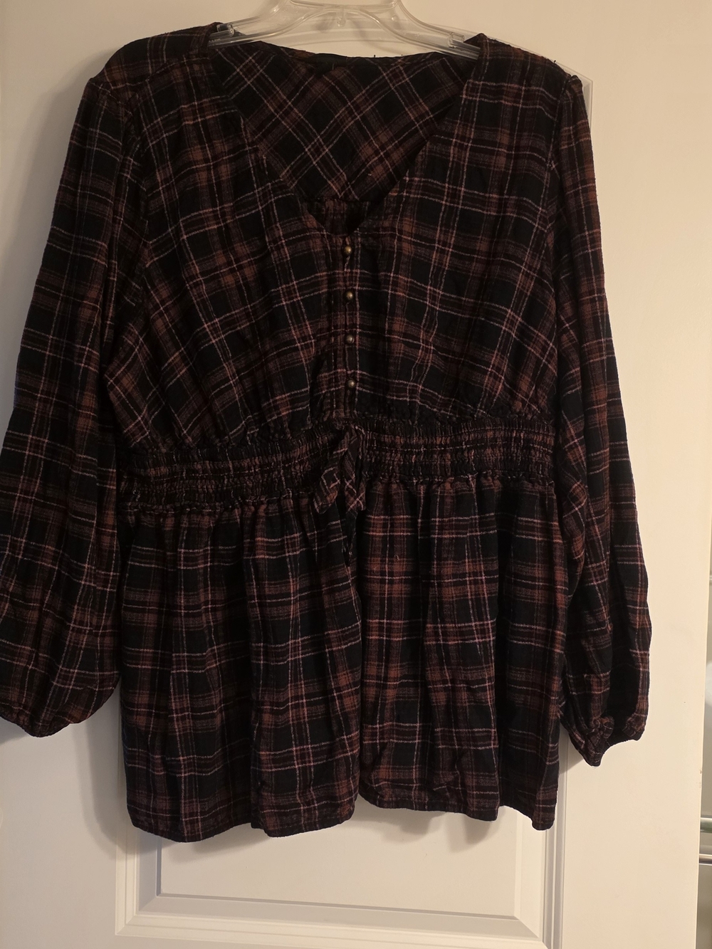 Torrid • Burgundy and Black Plaid Peasant Top
